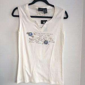 White tank w/script @ floral detail